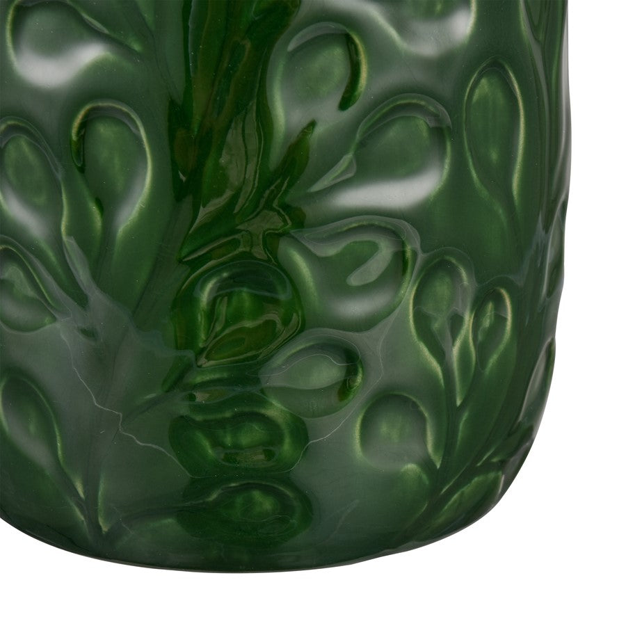 Atlas Lighting Broome Small Vase | Dark Green Earthenware with Leaf Pattern | Living Room & Entryway Decor | 4.25 x 4.25 x 8.25 in | Model AC11140-01