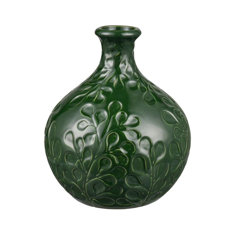 Atlas Lighting Broome Medium Vase | Dark Green Earthenware with Leaf Pattern | Living Room & Entryway Decor | 8 x 8 x 9.25 in | Model AC11140-02