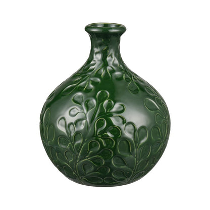 Atlas Lighting Broome Medium Vase | Dark Green Earthenware with Leaf Pattern | Living Room & Entryway Decor | 8 x 8 x 9.25 in | Model AC11140-02