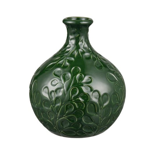 Atlas Lighting Broome Medium Vase | Dark Green Earthenware with Leaf Pattern | Living Room & Entryway Decor | 8 x 8 x 9.25 in | Model AC11140-02