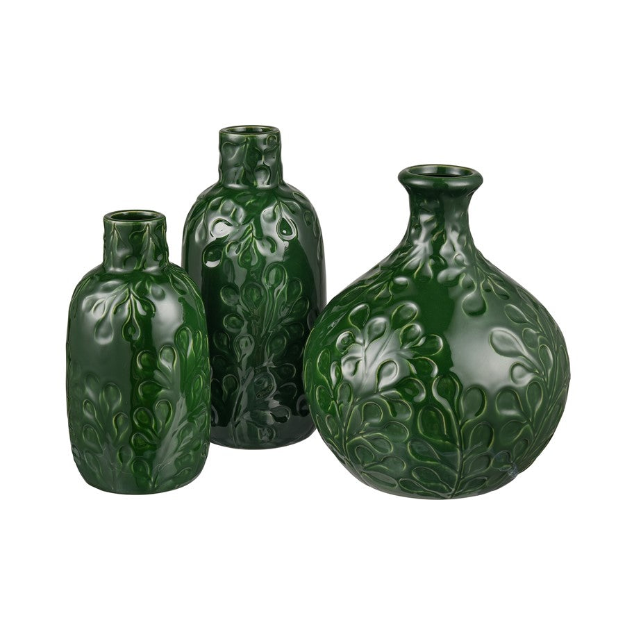 Atlas Lighting Broome Medium Vase | Dark Green Earthenware with Leaf Pattern | Living Room & Entryway Decor | 8 x 8 x 9.25 in | Model AC11140-02