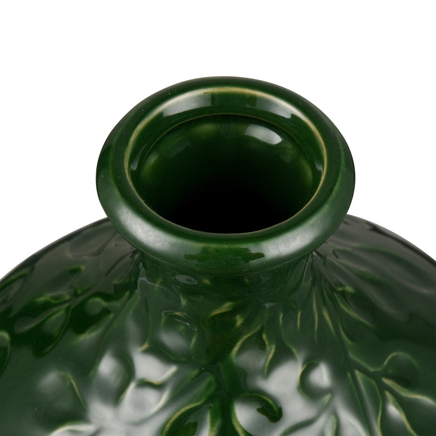 Atlas Lighting Broome Medium Vase | Dark Green Earthenware with Leaf Pattern | Living Room & Entryway Decor | 8 x 8 x 9.25 in | Model AC11140-02