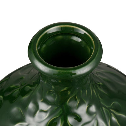 Atlas Lighting Broome Medium Vase | Dark Green Earthenware with Leaf Pattern | Living Room & Entryway Decor | 8 x 8 x 9.25 in | Model AC11140-02