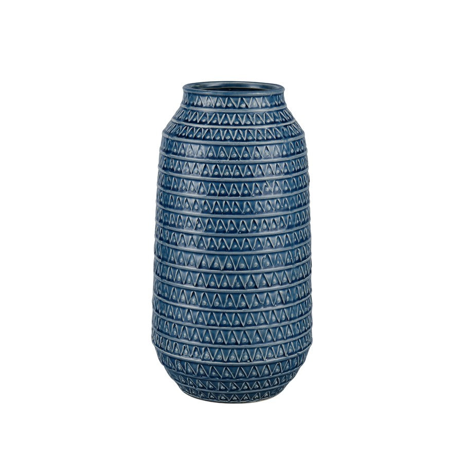 Atlas Lighting Camden 12.25in Dark Blue Earthenware Vase | Traditional Etched Triangle Texture | Console & Tabletop Decor | Model AC11153-02