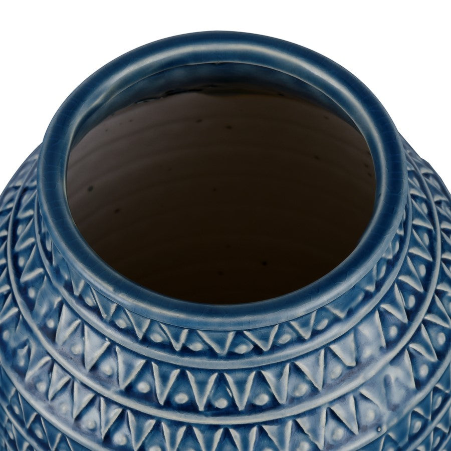Atlas Lighting Camden 12.25in Dark Blue Earthenware Vase | Traditional Etched Triangle Texture | Console & Tabletop Decor | Model AC11153-02