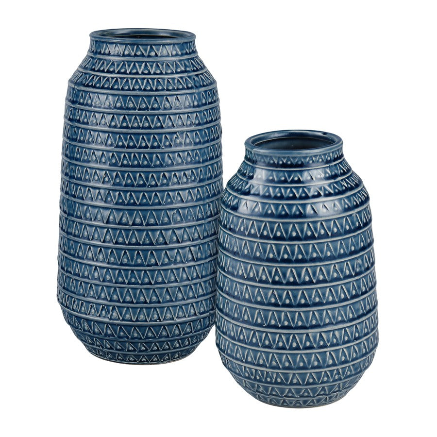 Atlas Lighting Camden 12.25in Dark Blue Earthenware Vase | Traditional Etched Triangle Texture | Console & Tabletop Decor | Model AC11153-02