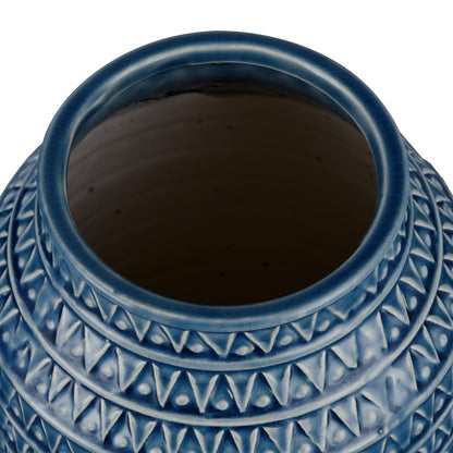 Atlas Lighting Camden 12.25in Dark Blue Earthenware Vase | Traditional Etched Triangle Texture | Console & Tabletop Decor | Model AC11153-02