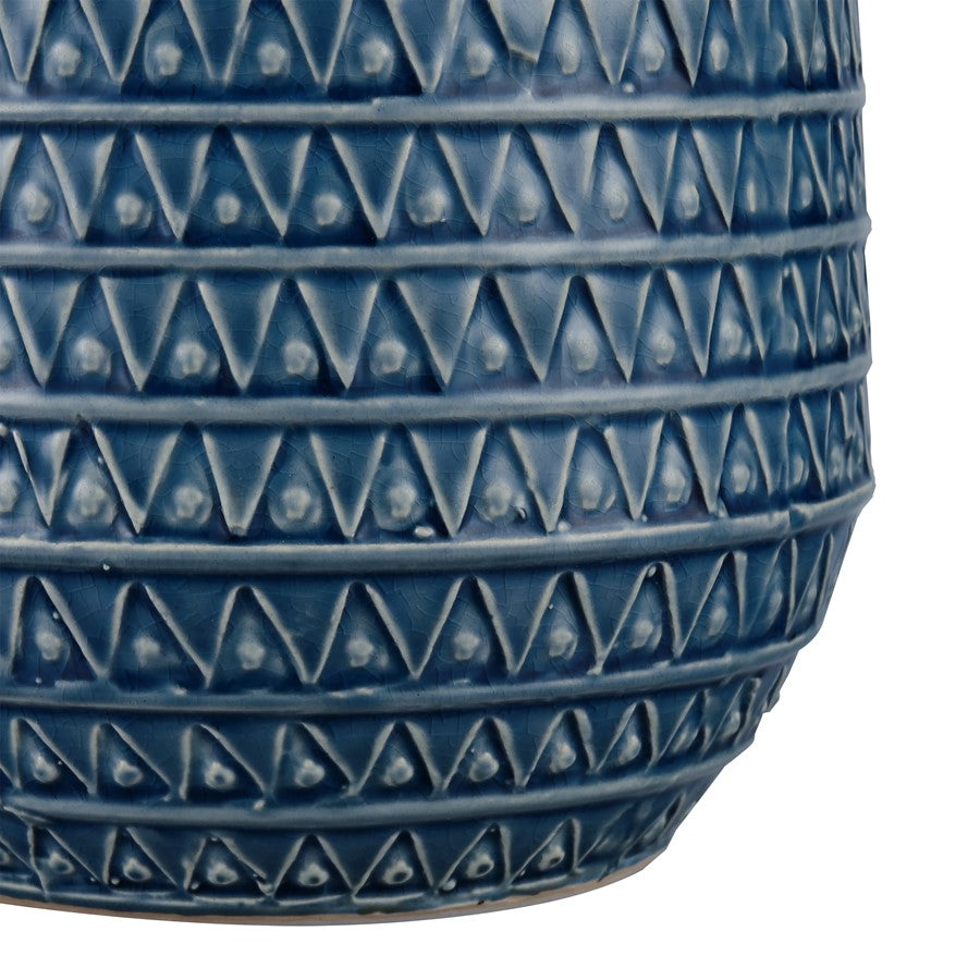 Atlas Lighting Camden 12.25in Dark Blue Earthenware Vase | Traditional Etched Triangle Texture | Console & Tabletop Decor | Model AC11153-02