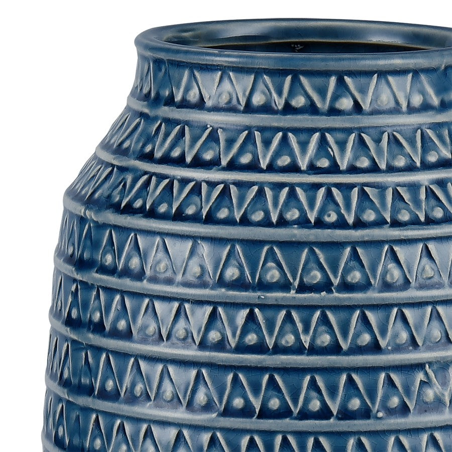 Atlas Lighting Camden 12.25in Dark Blue Earthenware Vase | Traditional Etched Triangle Texture | Console & Tabletop Decor | Model AC11153-02