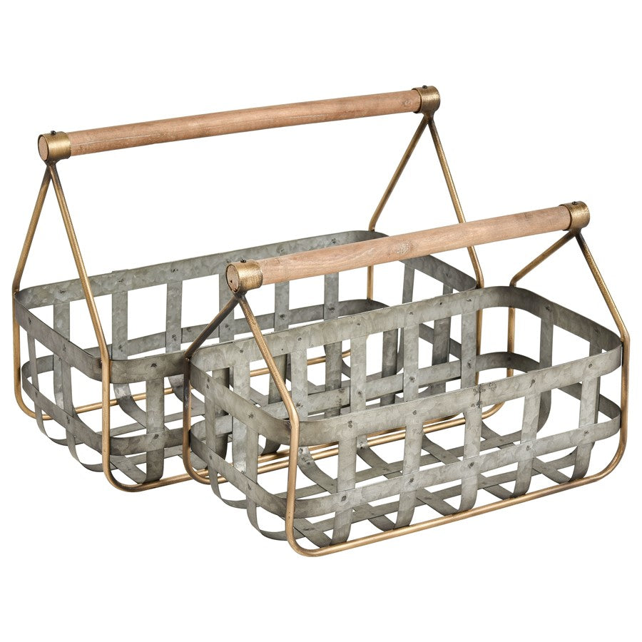Atlas Lighting Catcliffe Set of 2 Galvanized Metal Baskets | Farmhouse Wood Handles | Kitchen & Entryway Storage | Model AC11164-01S