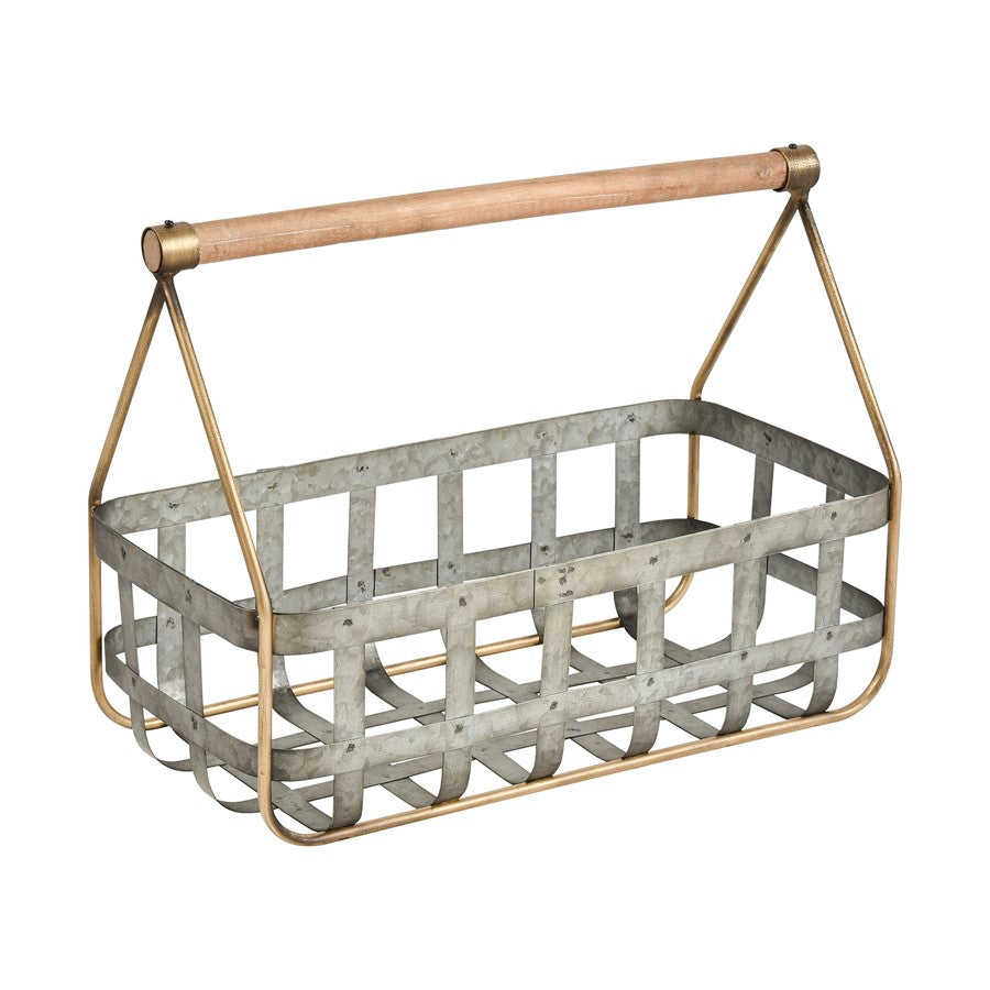 Atlas Lighting Catcliffe Set of 2 Galvanized Metal Baskets | Farmhouse Wood Handles | Kitchen & Entryway Storage | Model AC11164-01S