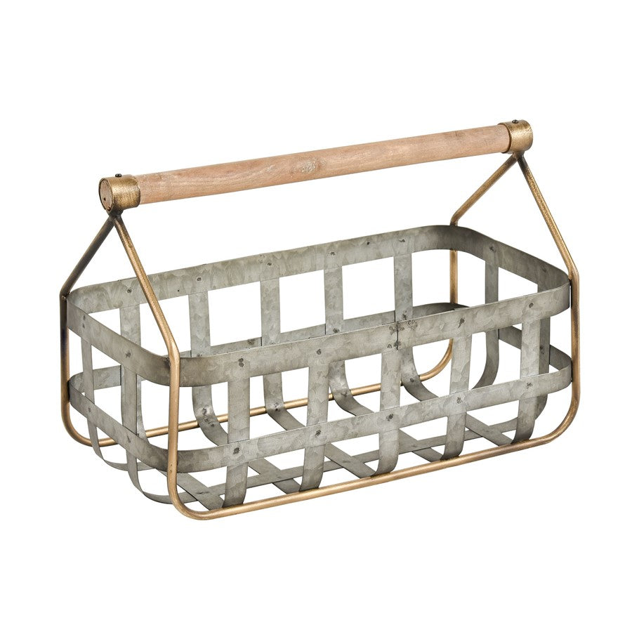 Atlas Lighting Catcliffe Set of 2 Galvanized Metal Baskets | Farmhouse Wood Handles | Kitchen & Entryway Storage | Model AC11164-01S