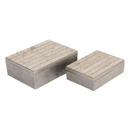 Atlas Lighting Chloe Set of 2 Storage Boxes | Silver Metal & White Hair-on-Hide | Bookshelf, Credenza & Desk Organizer | Model AC11177-01S