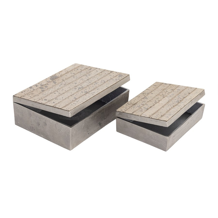 Atlas Lighting Chloe Set of 2 Storage Boxes | Silver Metal & White Hair-on-Hide | Bookshelf, Credenza & Desk Organizer | Model AC11177-01S
