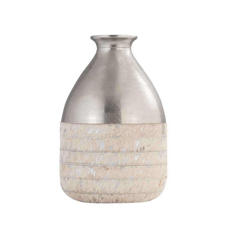 Atlas Lighting Chloe Small Vase | Silver Metal & White Hair-on-Hide | Shelf, Table & Mantel Decor | 8 x 8 x 12.5 in | Model AC11178-01
