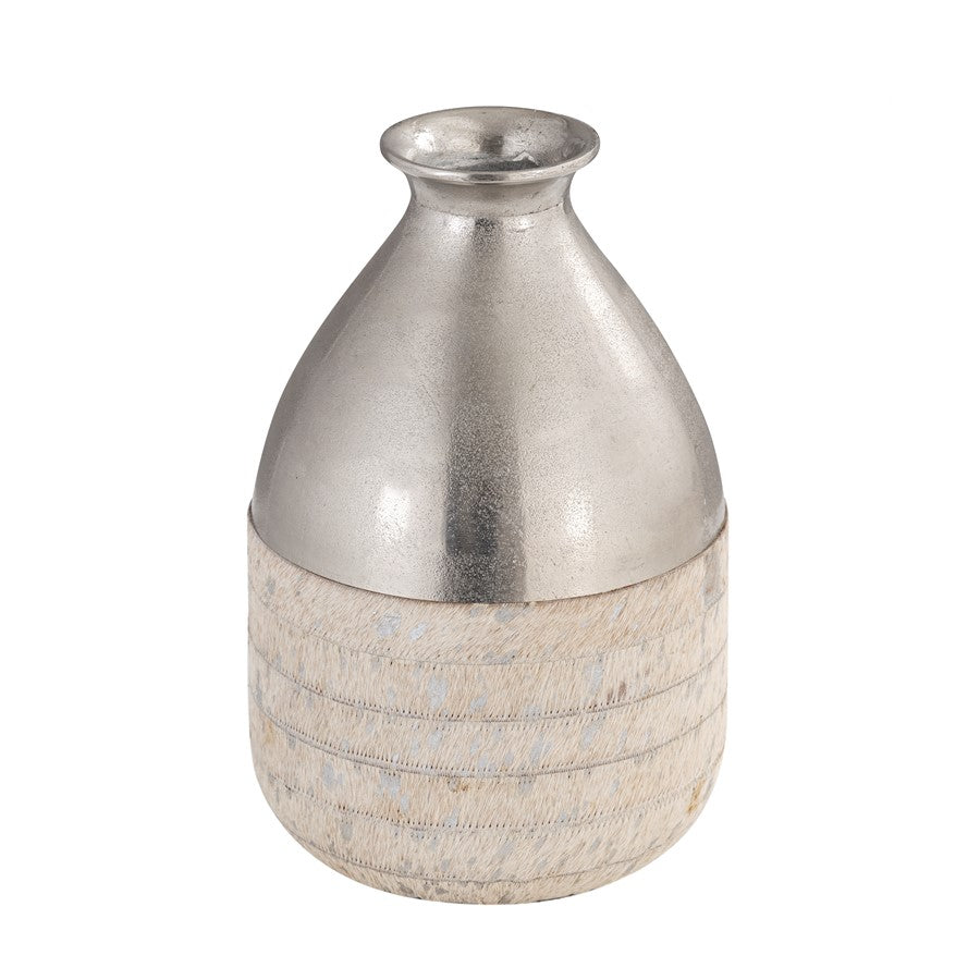 Atlas Lighting Chloe Small Vase | Silver Metal & White Hair-on-Hide | Shelf, Table & Mantel Decor | 8 x 8 x 12.5 in | Model AC11178-01