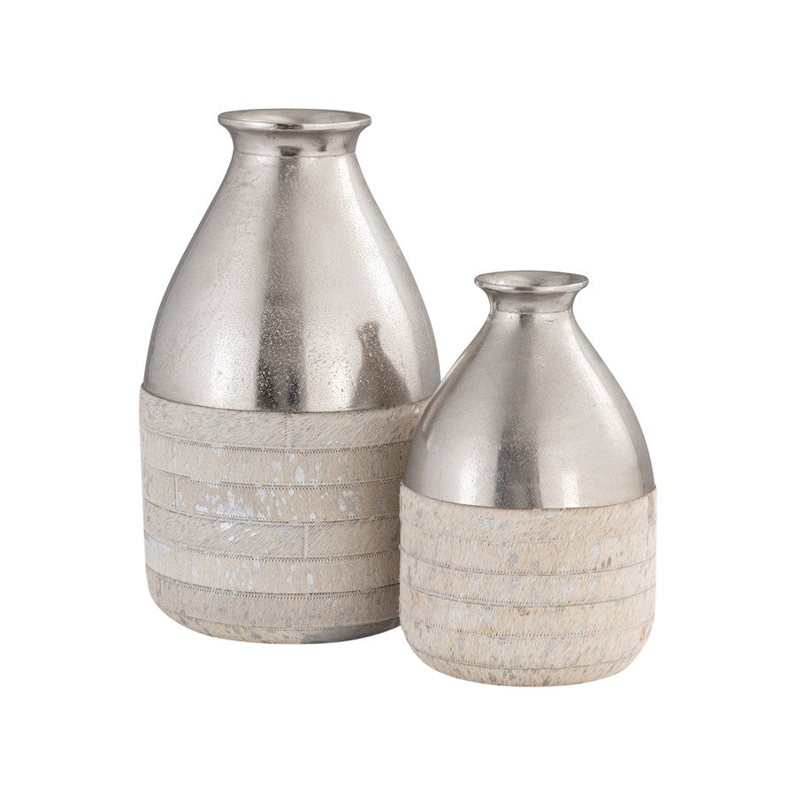 Atlas Lighting Chloe Small Vase | Silver Metal & White Hair-on-Hide | Shelf, Table & Mantel Decor | 8 x 8 x 12.5 in | Model AC11178-01