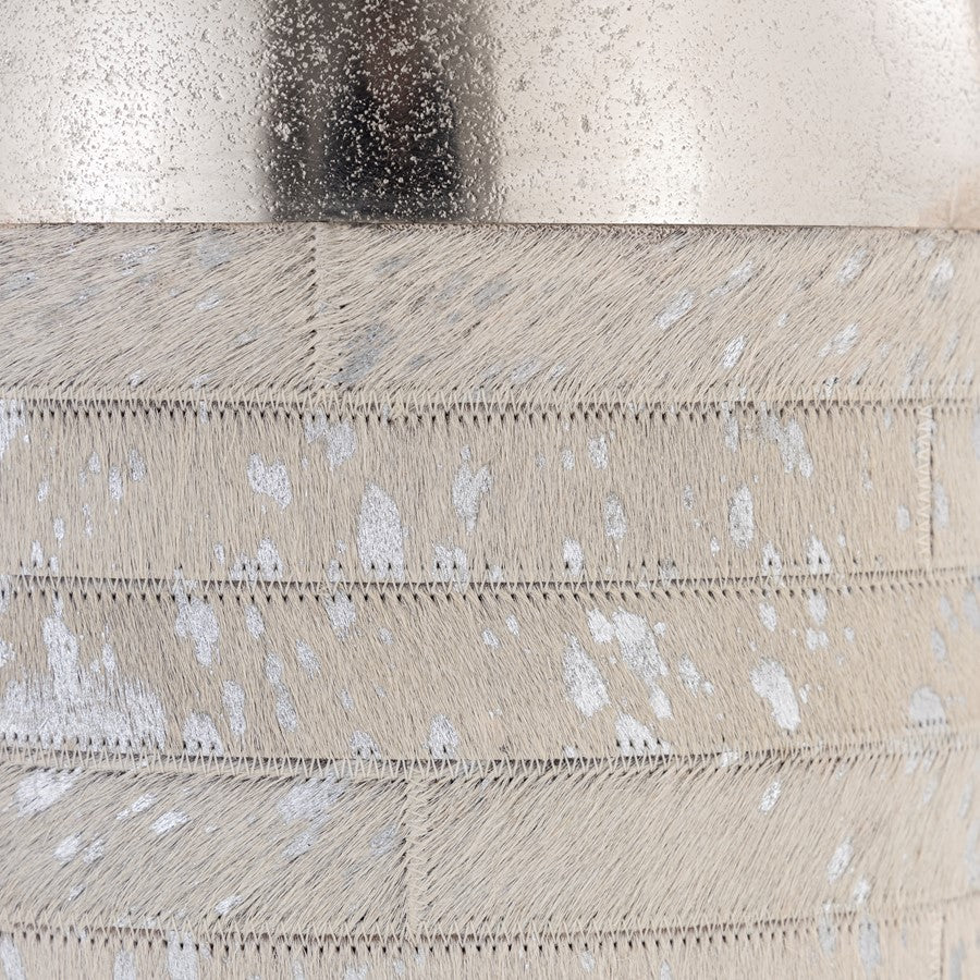 Atlas Lighting Chloe Small Vase | Silver Metal & White Hair-on-Hide | Shelf, Table & Mantel Decor | 8 x 8 x 12.5 in | Model AC11178-01