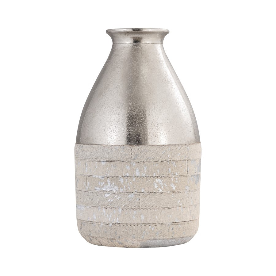 Atlas Lighting Chloe Large Vase | Silver Metal & White Hair-on-Hide | Floor, Shelf & Table Decor | 10 x 10 x 17 in | Model AC11178-02
