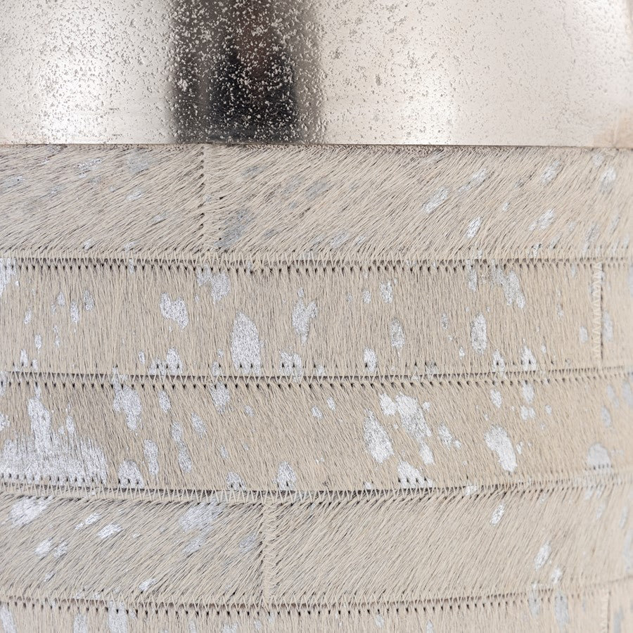 Atlas Lighting Chloe Large Vase | Silver Metal & White Hair-on-Hide | Floor, Shelf & Table Decor | 10 x 10 x 17 in | Model AC11178-02