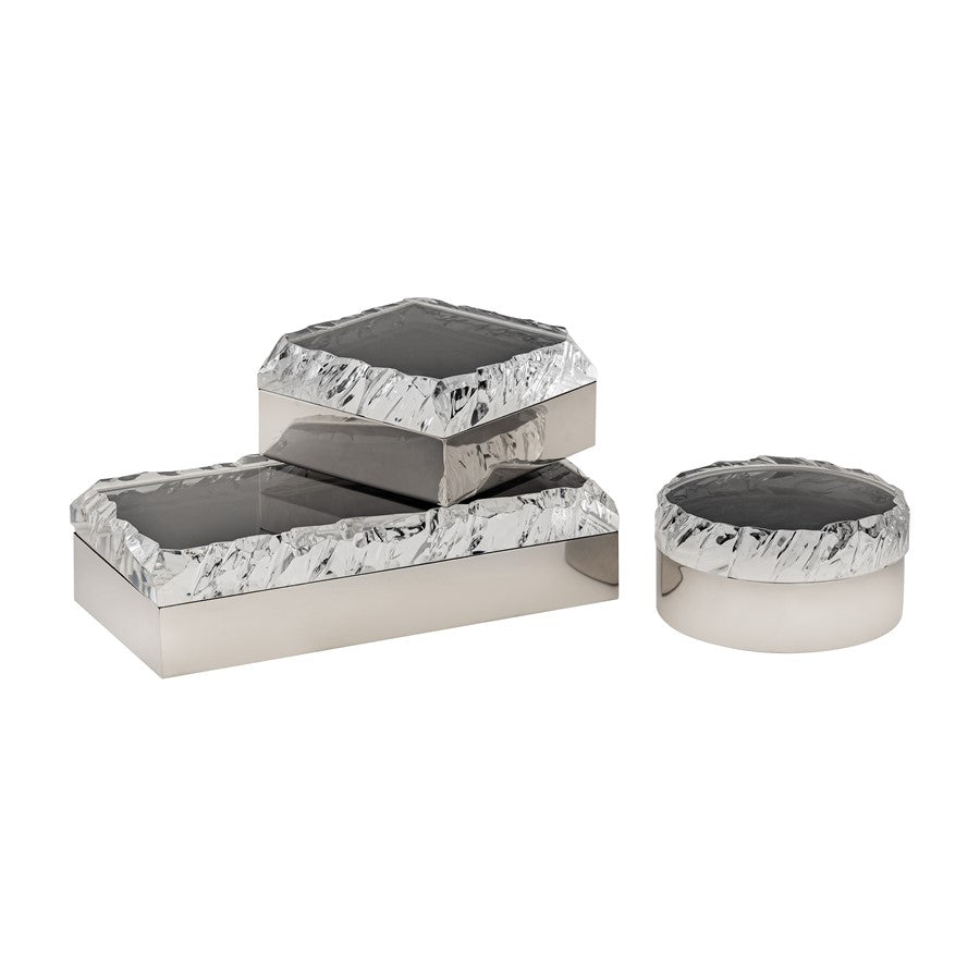 Atlas Lighting Cogar 7in Round Decorative Box | Transitional Polished Nickel Metal and Clear Acrylic Lid | Living Room & Bedroom | Model AC11189-01