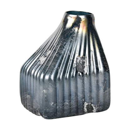 Atlas Lighting Cognate 8in Small Vase | Modern Aged Blue Ridged Glass with Mercury Finish | Living Room & Entryway Decor | Model AC11191-01