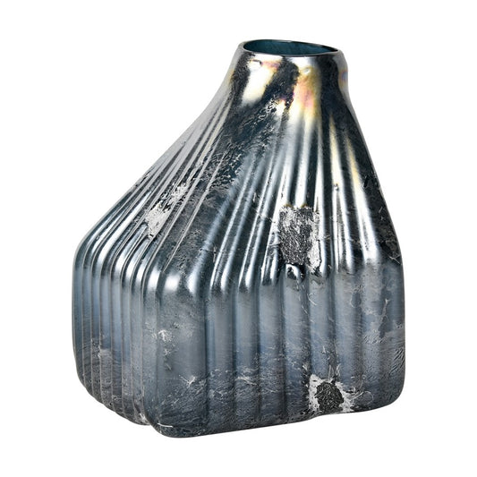 Atlas Lighting Cognate 8in Small Vase | Modern Aged Blue Ridged Glass with Mercury Finish | Living Room & Entryway Decor | Model AC11191-01