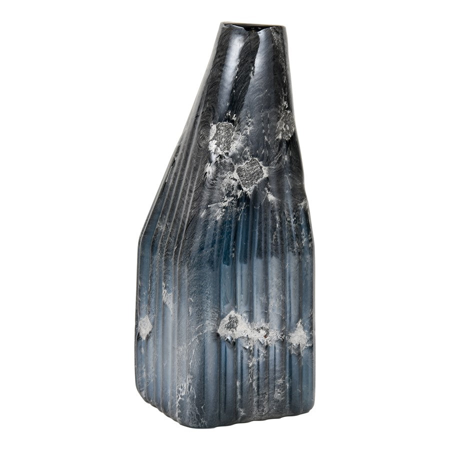 Atlas Lighting Cognate 16in Large Vase | Modern Aged Blue Ridged Glass with Mercury Finish | Living Room & Entryway Decor | Model AC11191-02