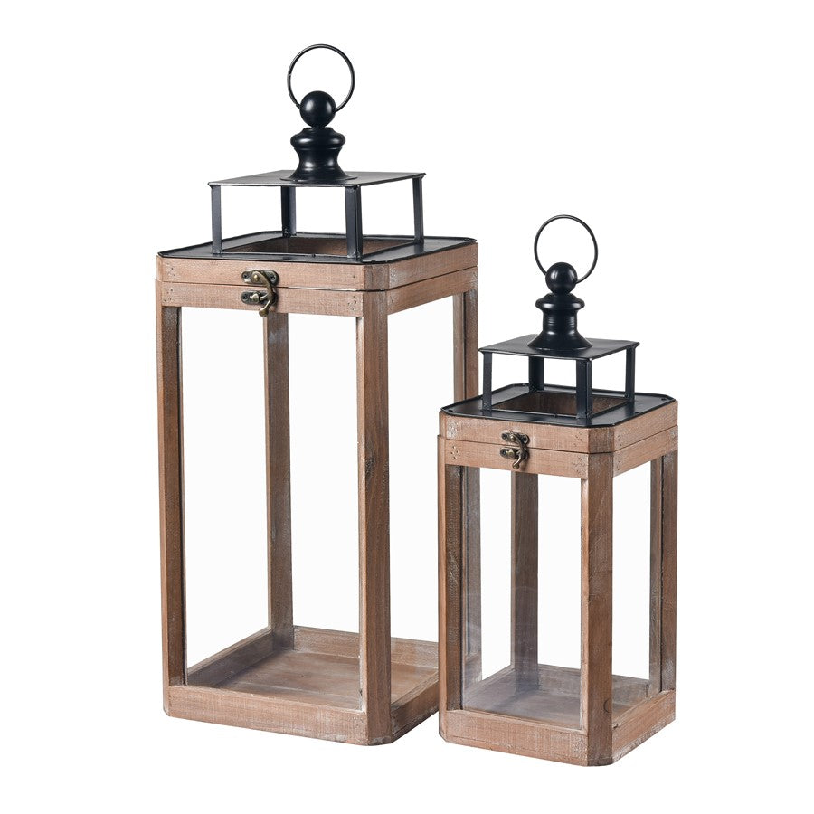Atlas Lighting Dowd Lantern Set of 2 | Brown Wood and Clear Glass | Tabletop & Covered Patio Decor | 9.5 x 9.5 x 23.75 in | Model AC11264-01S