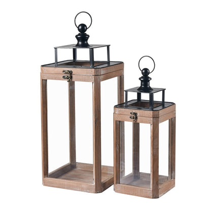 Atlas Lighting Dowd Lantern Set of 2 | Brown Wood and Clear Glass | Tabletop & Covered Patio Decor | 9.5 x 9.5 x 23.75 in | Model AC11264-01S