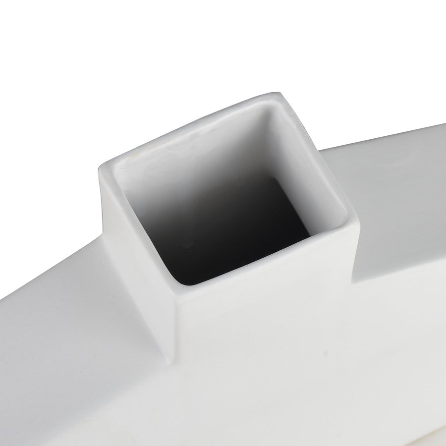 Atlas Lighting Drue 16in Matte White Earthenware Vase | Modern Sculptural Low Profile | Living Room & Entryway Decor | Model AC11269-01
