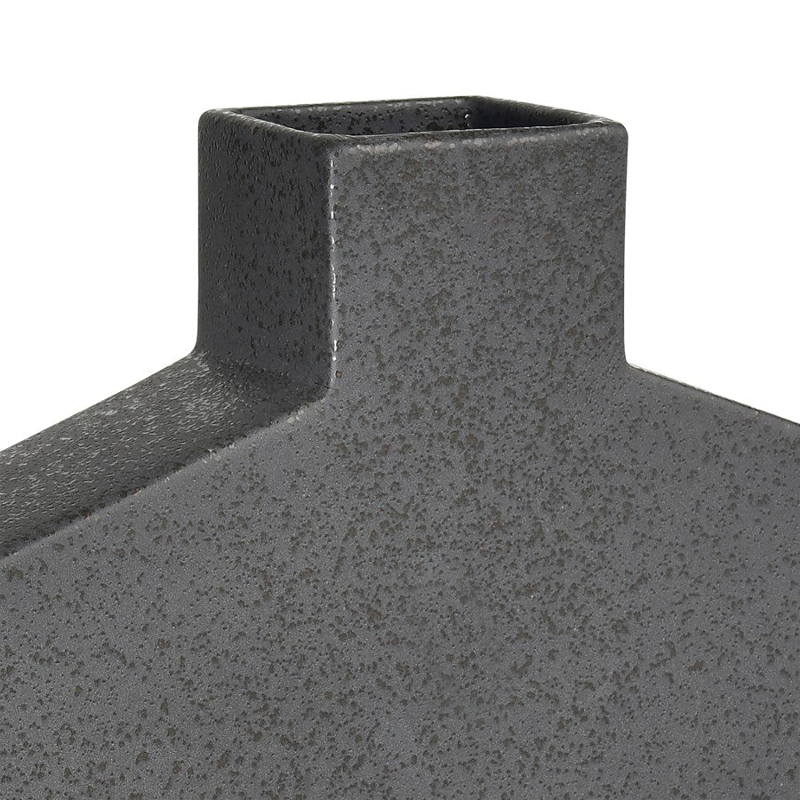 Atlas Lighting Drue 16in Speckled Black Earthenware Vase | Modern Sculptural Low Profile | Living Room & Entryway Decor | Model AC11269-02