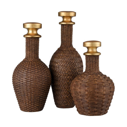 Atlas Lighting Duin Bottle Set of 3 | Rich Brown Wicker-Look Resin with Gold Stoppers | Traditional Decor for Living Room & Shelf | Model AC11273-01S