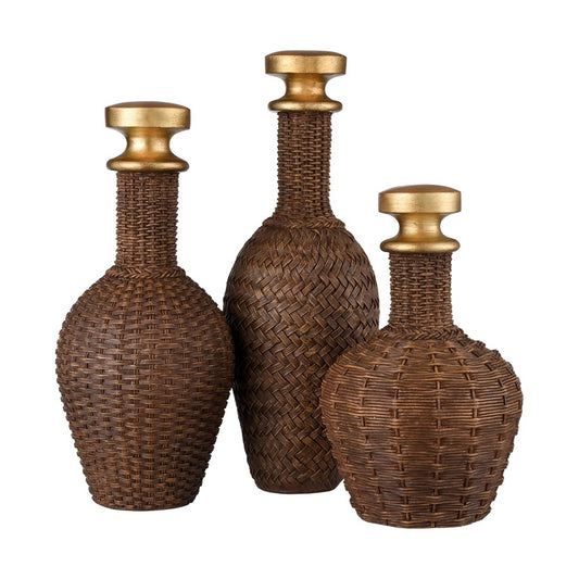 Atlas Lighting Duin Bottle Set of 3 | Rich Brown Wicker-Look Resin with Gold Stoppers | Traditional Decor for Living Room & Shelf | Model AC11273-01S