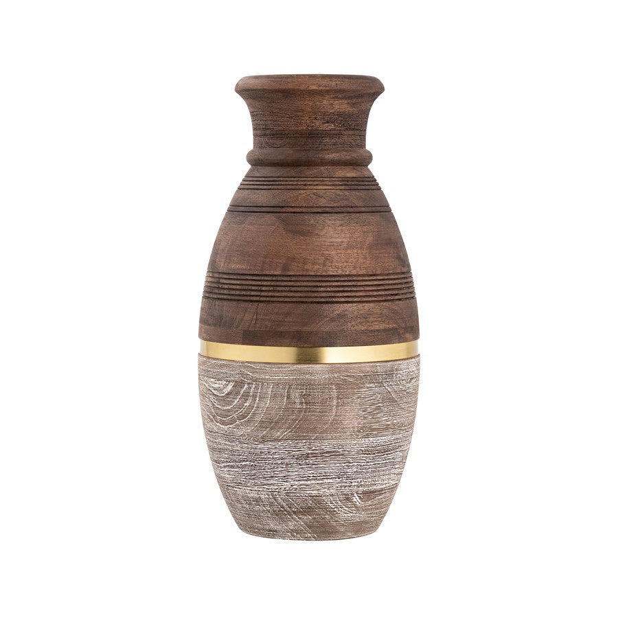Atlas Lighting Dunn Large Vase | Walnut & Whitewash Wood with Brass Band | Living Room & Entryway Decor | 6.75 x 6.75 x 14 in | Model AC11275-02