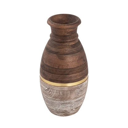 Atlas Lighting Dunn Large Vase | Walnut & Whitewash Wood with Brass Band | Living Room & Entryway Decor | 6.75 x 6.75 x 14 in | Model AC11275-02