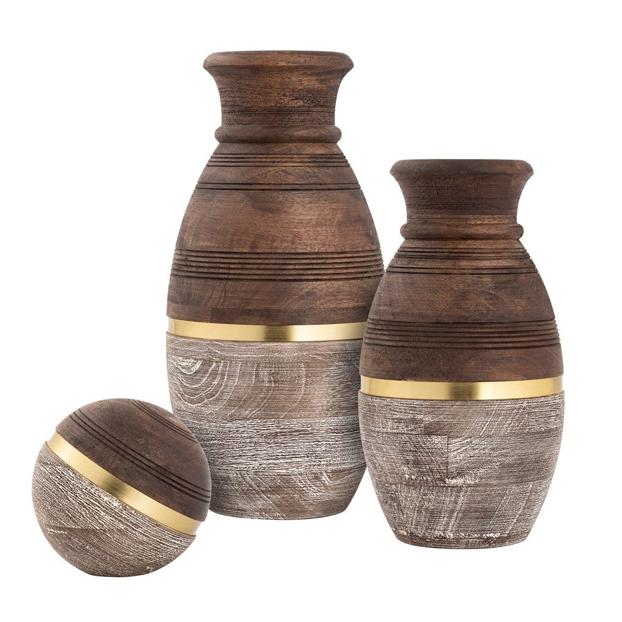 Atlas Lighting Dunn Large Vase | Walnut & Whitewash Wood with Brass Band | Living Room & Entryway Decor | 6.75 x 6.75 x 14 in | Model AC11275-02