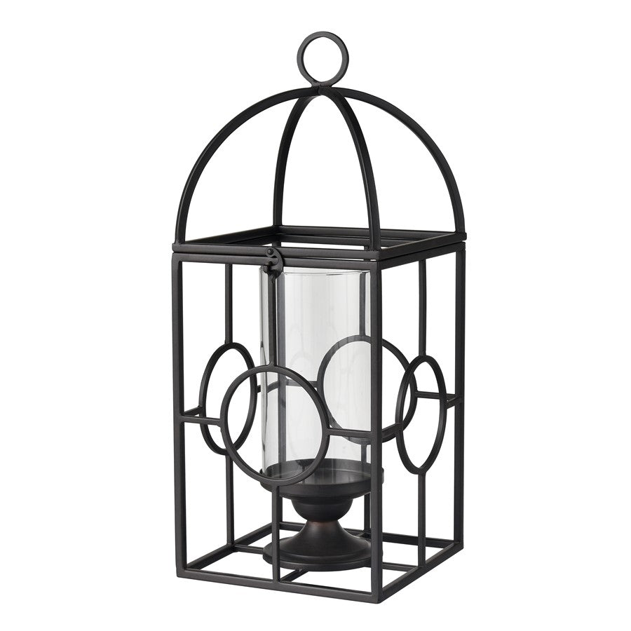 Atlas Lighting Earl Lantern | Black Metal Cage with Clear Glass Hurricane | Mantel & Tabletop Candle Holder | Model AC11276-01