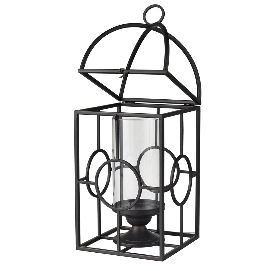 Atlas Lighting Earl Lantern | Black Metal Cage with Clear Glass Hurricane | Mantel & Tabletop Candle Holder | Model AC11276-01