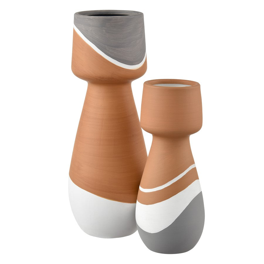 Atlas Lighting Eko Small Vase | Terracotta Earthenware with Graywash Bands | Modern Decor for Shelf & Table | 4 x 4 x 10 in | Model AC11286-01