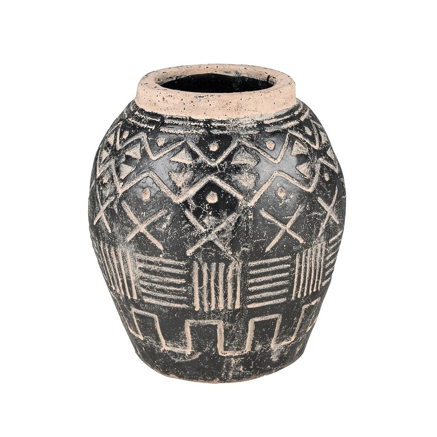 Atlas Lighting Eleni Large Vase | Black Earthenware with Tribal Etching | Transitional Decor for Floor & Table | 10 x 10 x 12 in | Model AC11288-01