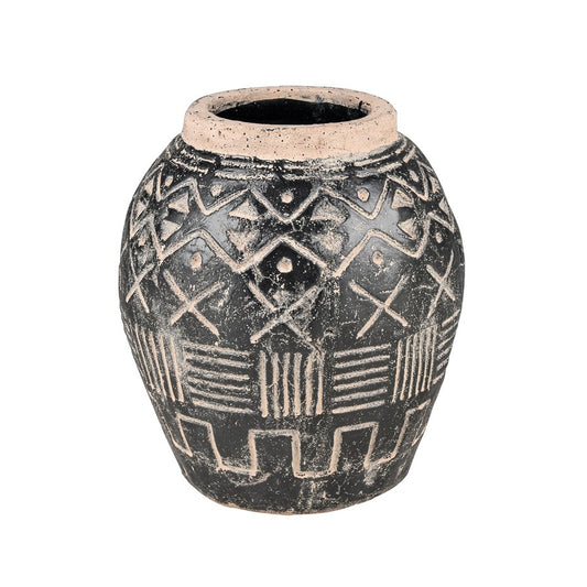 Atlas Lighting Eleni Large Vase | Black Earthenware with Tribal Etching | Transitional Decor for Floor & Table | 10 x 10 x 12 in | Model AC11288-01