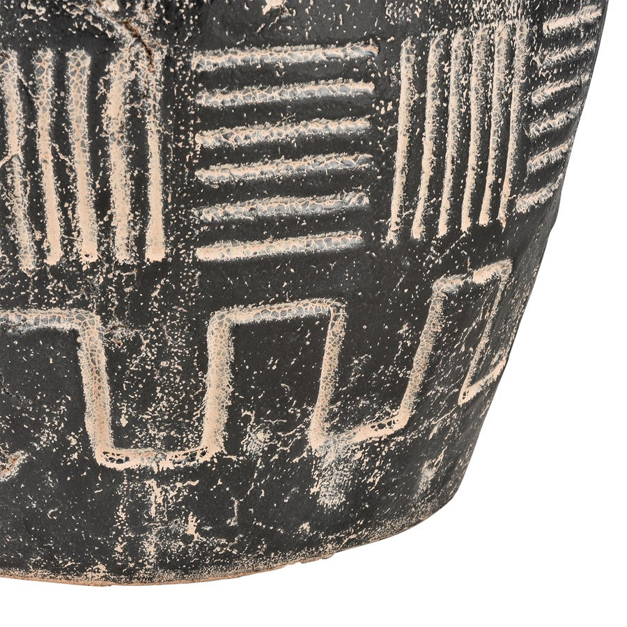Atlas Lighting Eleni Large Vase | Black Earthenware with Tribal Etching | Transitional Decor for Floor & Table | 10 x 10 x 12 in | Model AC11288-01