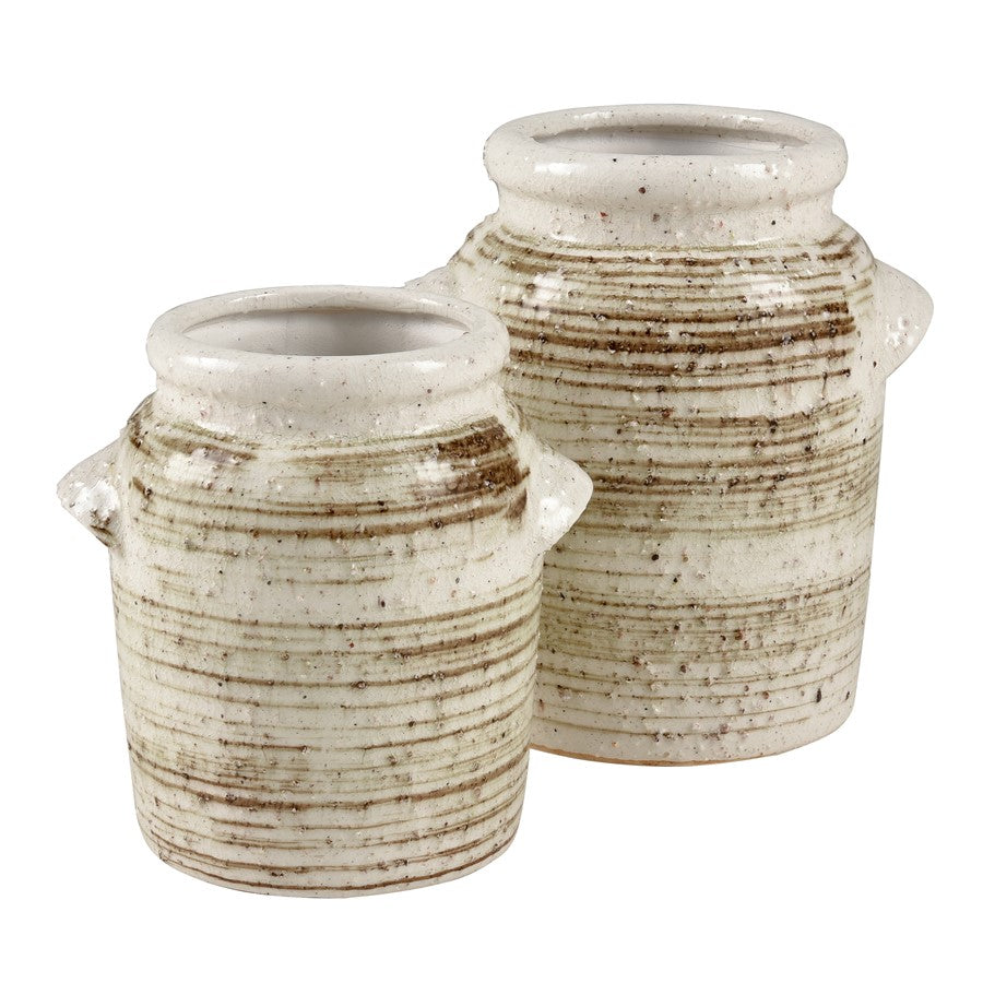 Atlas Lighting Ellen Small Vase | White & Brown Striped Earthenware | Modern Sculpture & Flower Display | 7in W x 6in D x 7in H | Model AC11291-02