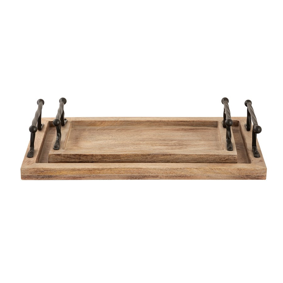 Atlas Lighting Ellwood Tray Set of 2 | Natural Mango Wood with Black Iron Handles | Living Room & Kitchen Serving Trays | 18.75in | Model AC11292-01S