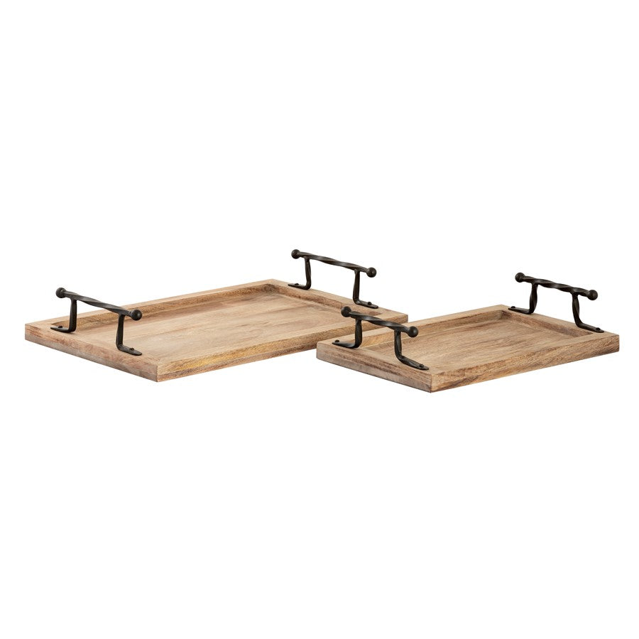 Atlas Lighting Ellwood Tray Set of 2 | Natural Mango Wood with Black Iron Handles | Living Room & Kitchen Serving Trays | 18.75in | Model AC11292-01S