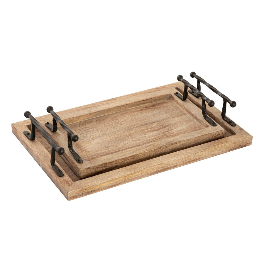 Atlas Lighting Ellwood Tray Set of 2 | Natural Mango Wood with Black Iron Handles | Living Room & Kitchen Serving Trays | 18.75in | Model AC11292-01S