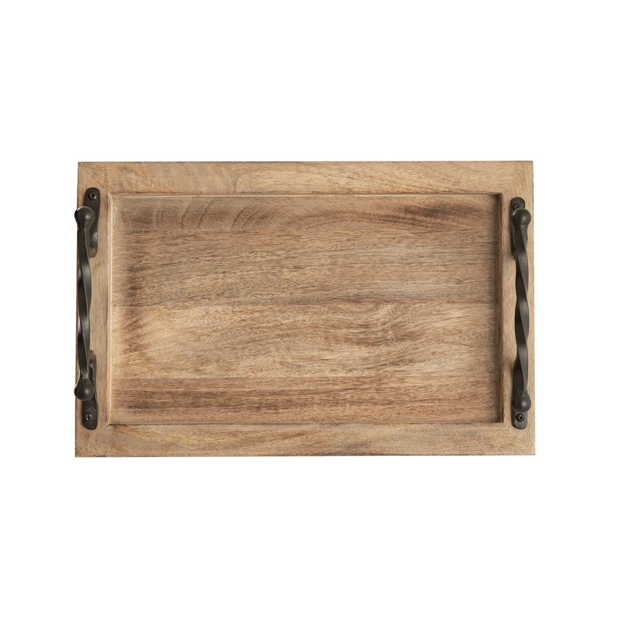 Atlas Lighting Ellwood Tray Set of 2 | Natural Mango Wood with Black Iron Handles | Living Room & Kitchen Serving Trays | 18.75in | Model AC11292-01S