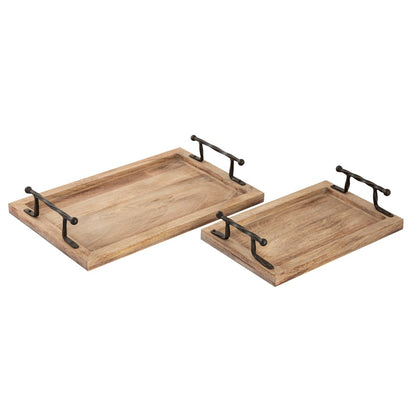 Atlas Lighting Ellwood Tray Set of 2 | Natural Mango Wood with Black Iron Handles | Living Room & Kitchen Serving Trays | 18.75in | Model AC11292-01S