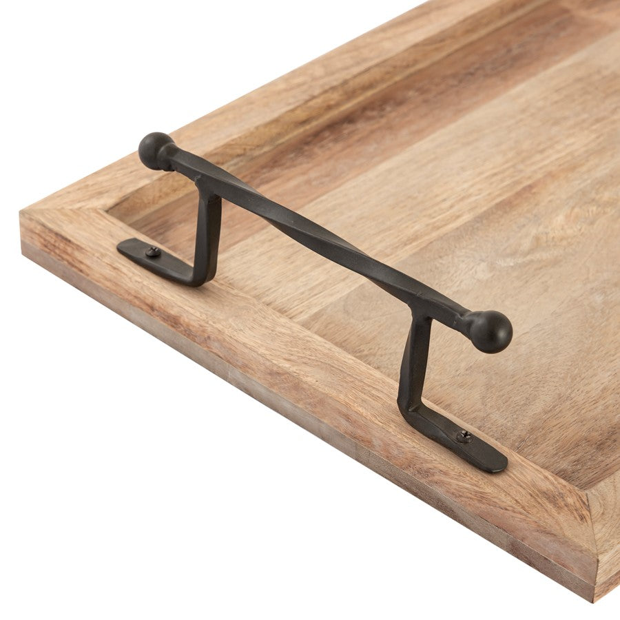 Atlas Lighting Ellwood Tray Set of 2 | Natural Mango Wood with Black Iron Handles | Living Room & Kitchen Serving Trays | 18.75in | Model AC11292-01S